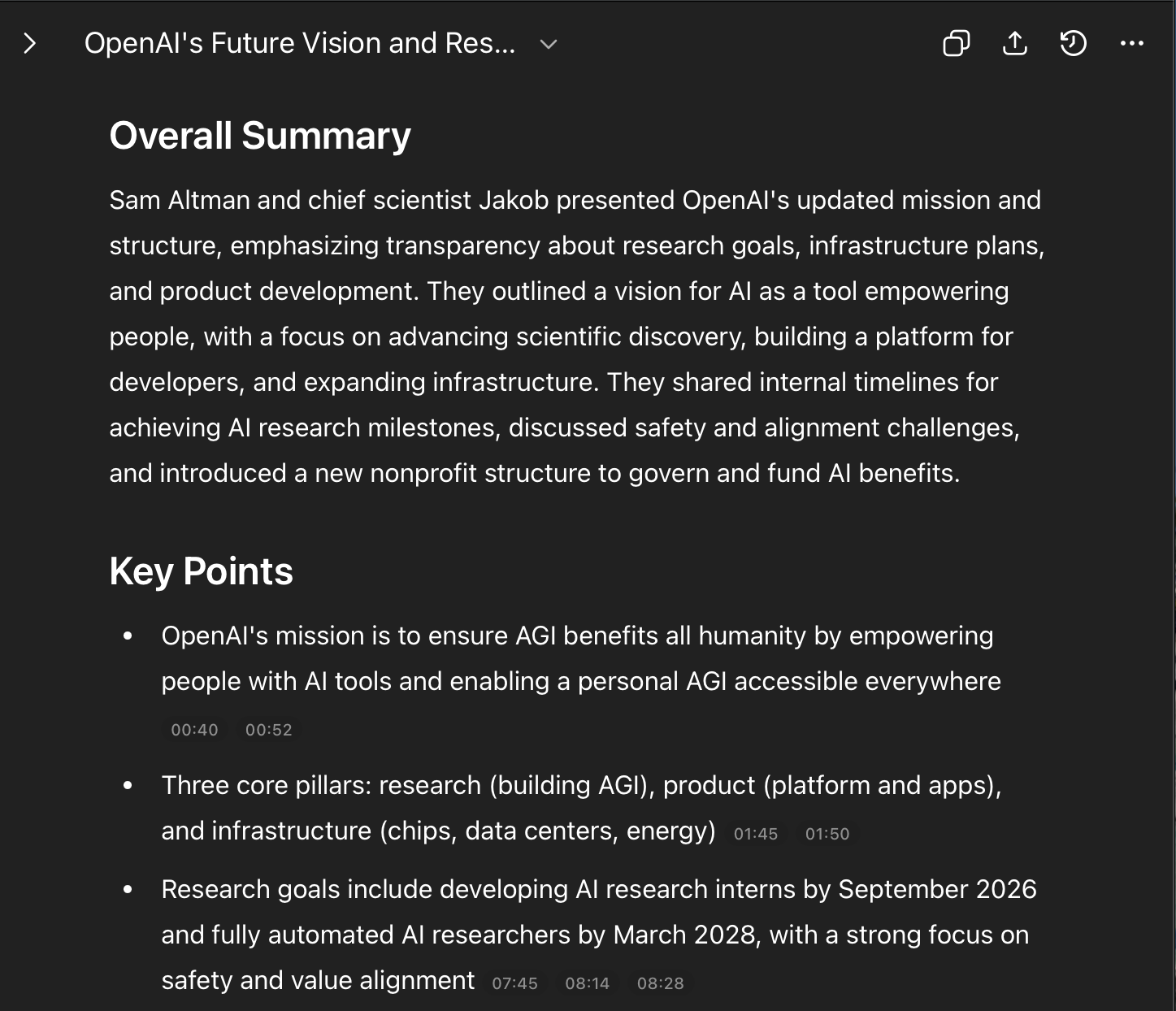 chatgptのrecord機能で送信処理後に表示されるcanvasの画面